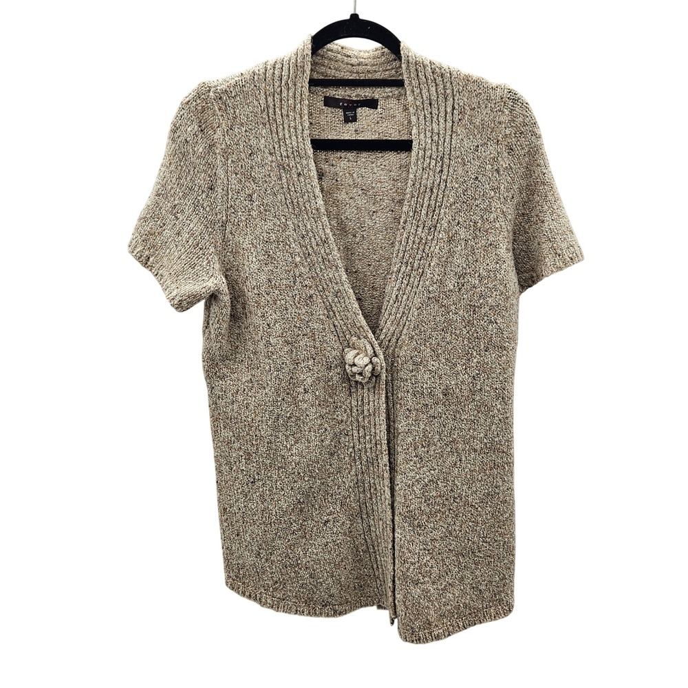 Fever Womens Tan Marled Short‎ Sleeve Snap Front Cardigan Sweater Large L